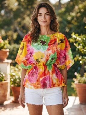 Le Moda Sheer Floral Kimono Sleeve Blouse Cover Up Size OS Watercolor Print